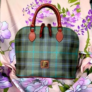 Dooney & Bourke Zip Zip Satchel Plaid Green Blue Purple Coated Cotton